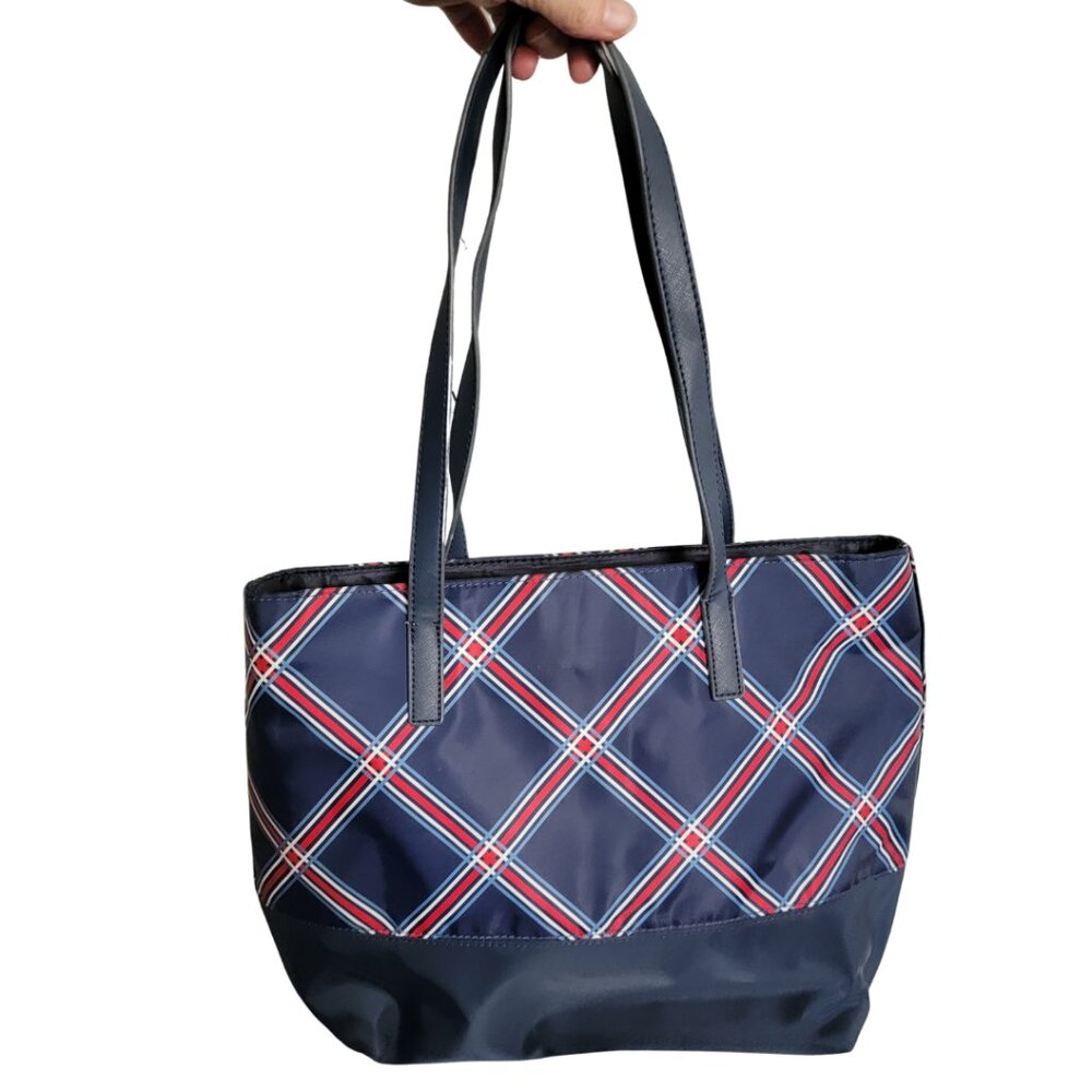Tommy Hilfiger Mariana II Plaid Print Tote Bag features a navy blue plaid design - Picture 2 of 11